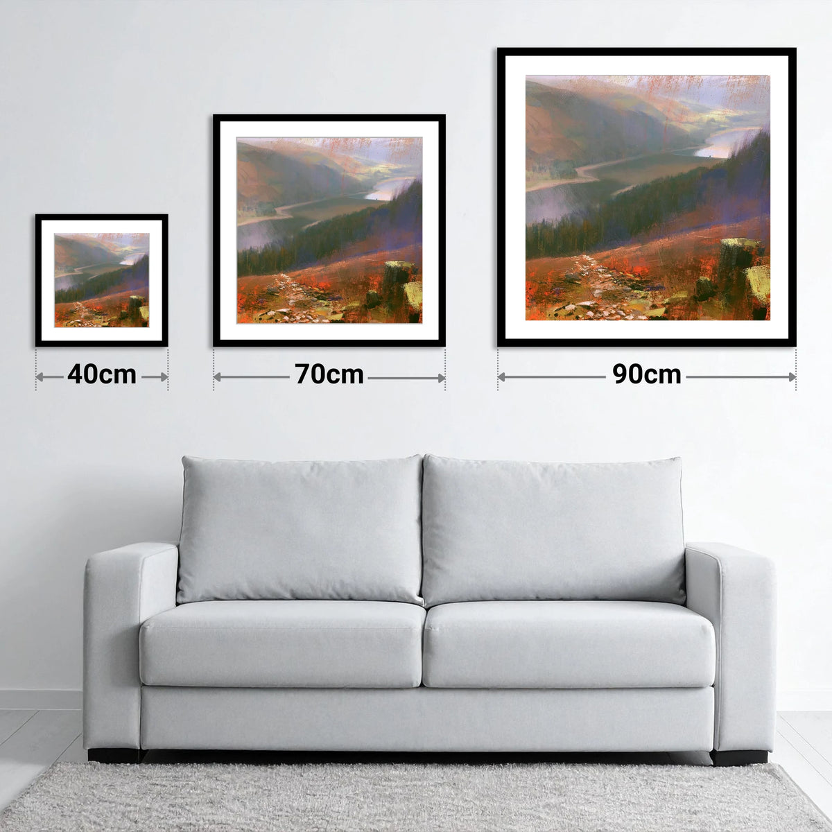 Brooding Thirlmere From Helvellyn Path - size guide showing 40cm, 70cm and 90cm art prints