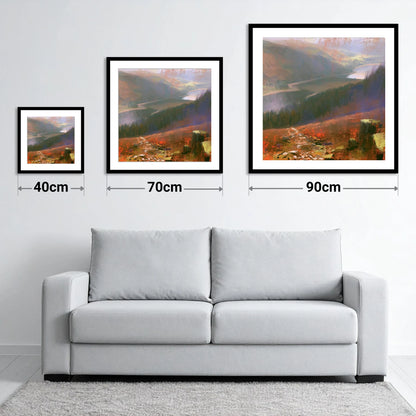 Brooding Thirlmere From Helvellyn Path - size guide showing 40cm, 70cm and 90cm art prints