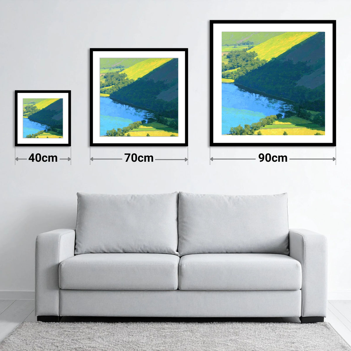 Burnbank Fell Above The Lake - size guide showing 40cm, 70cm and 90cm art prints