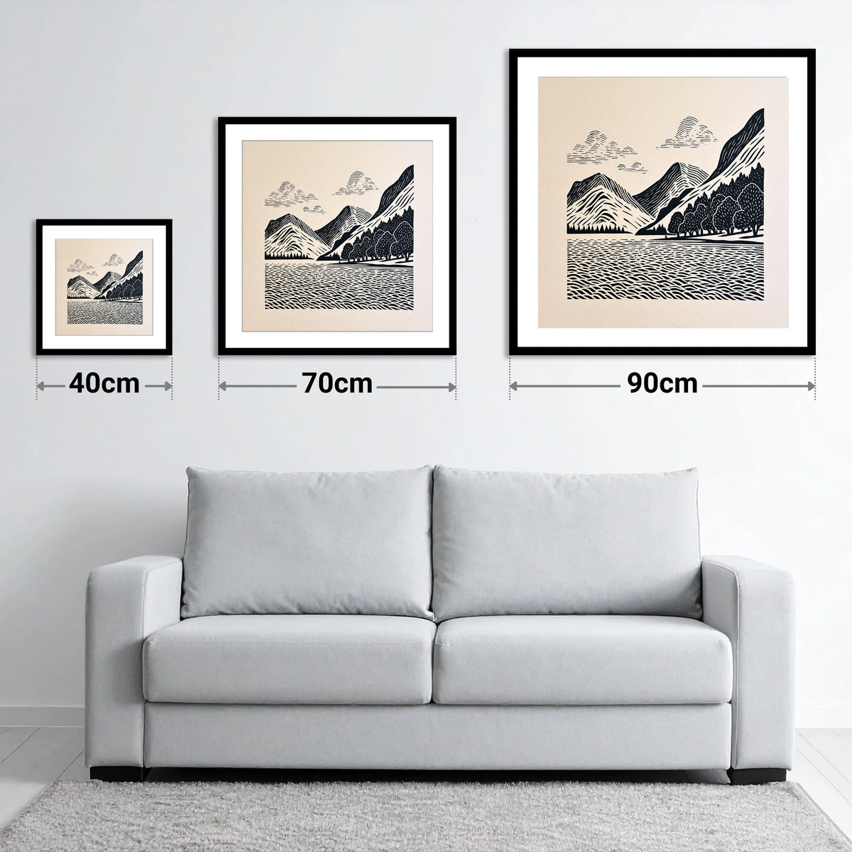 Striking Buttermere Fells and Lake - size guide showing 40cm, 70cm and 90cm art prints