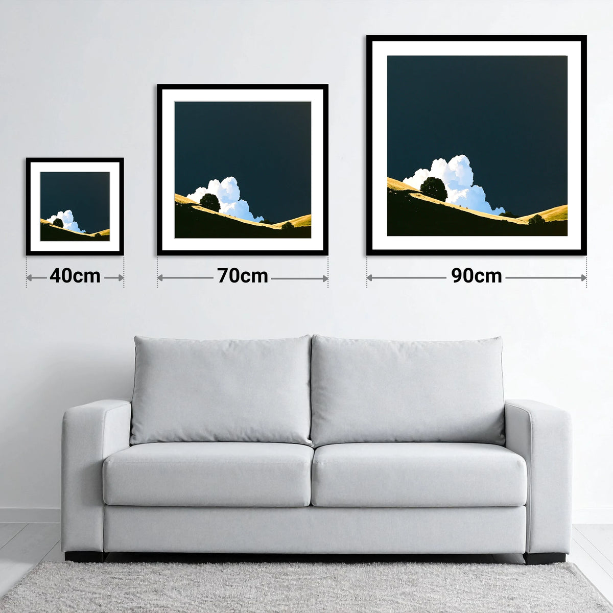 Rolling Fells Under Dark Sky - size guide showing 40cm, 70cm and 90cm art prints