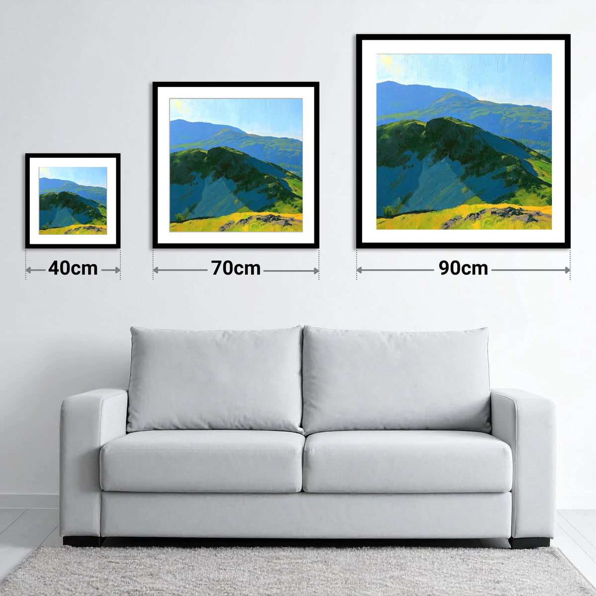 Sunlit Crags of Holme Fell - size guide showing 40cm, 70cm and 90cm art prints