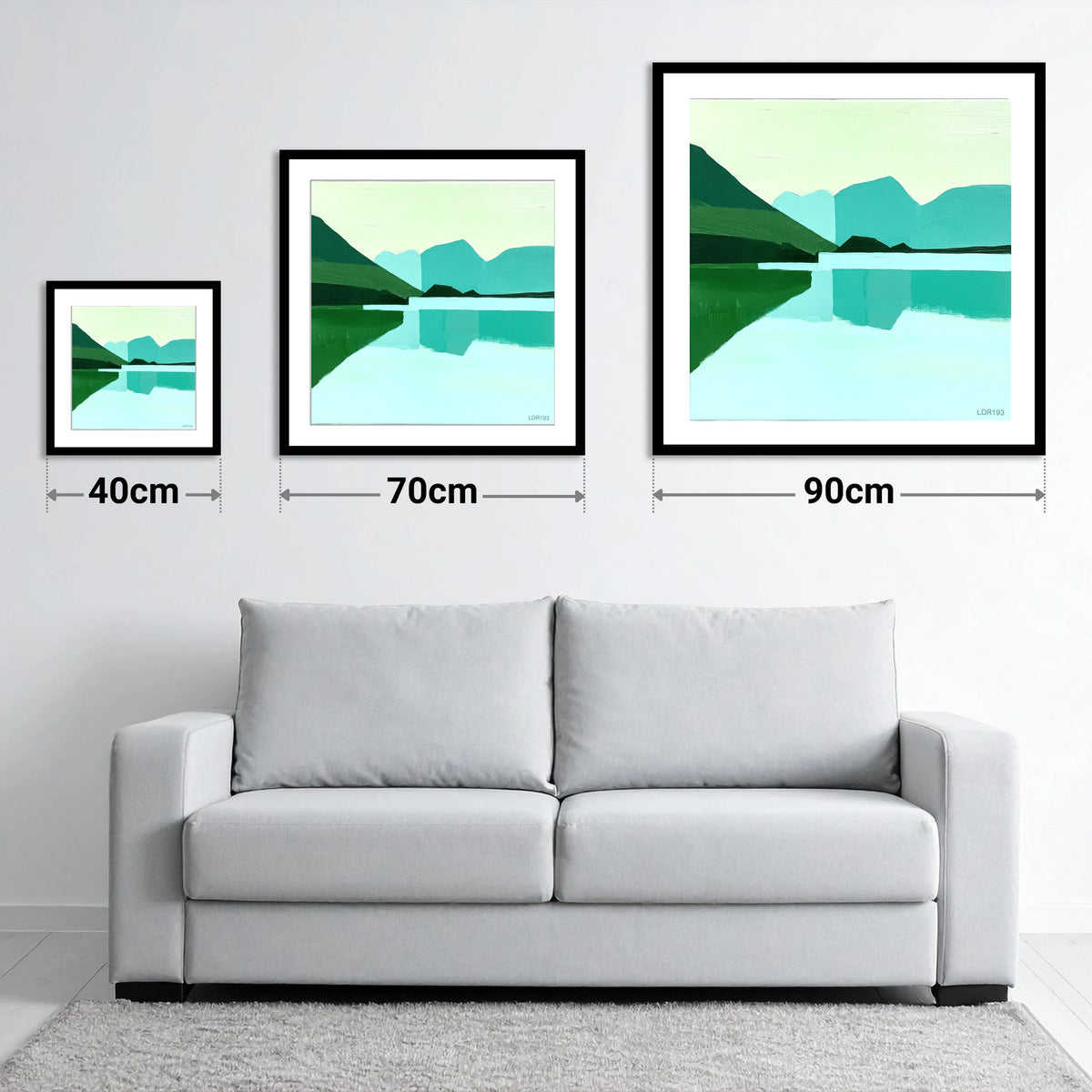 Loweswater Reflections in Bold Teal - size guide showing 40cm, 70cm and 90cm art prints