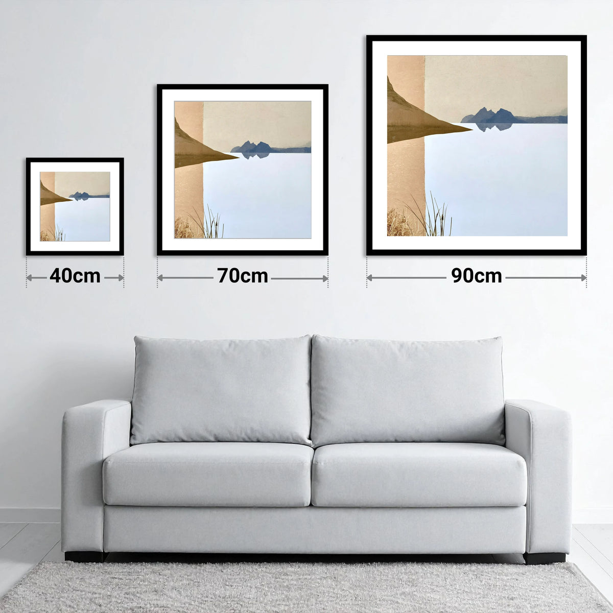 Slate Blue Loweswater Reflections - size guide showing 40cm, 70cm and 90cm art prints