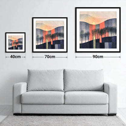 Abstract Sunset on Lakeland Fells - size guide showing 40cm, 70cm and 90cm art prints