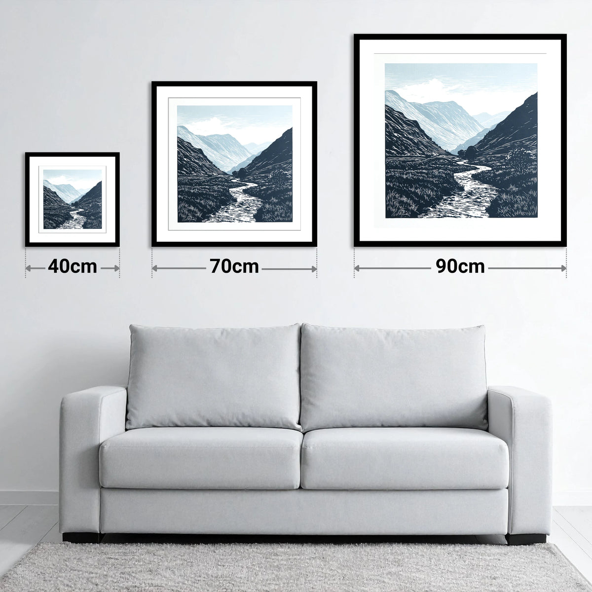 Kirkstone Pass in Deep Navy - size guide showing 40cm, 70cm and 90cm art prints