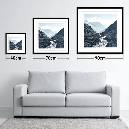 Kirkstone Pass in Deep Navy - size guide showing 40cm, 70cm and 90cm art prints