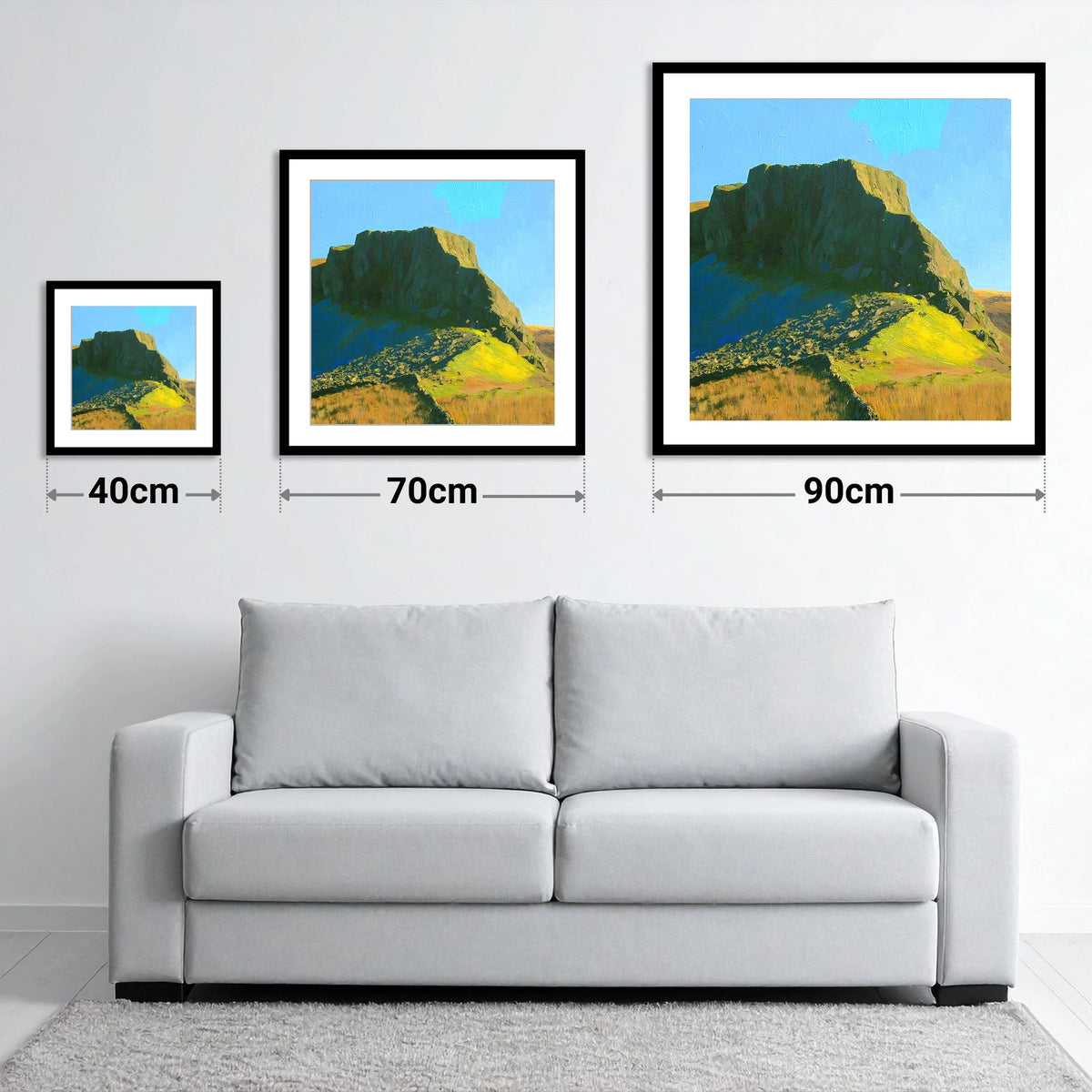 Green Crag in Vivid Sunlight - size guide showing 40cm, 70cm and 90cm art prints