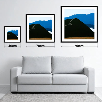 Cat Bells Path In Midnight Blue - size guide showing 40cm, 70cm and 90cm art prints
