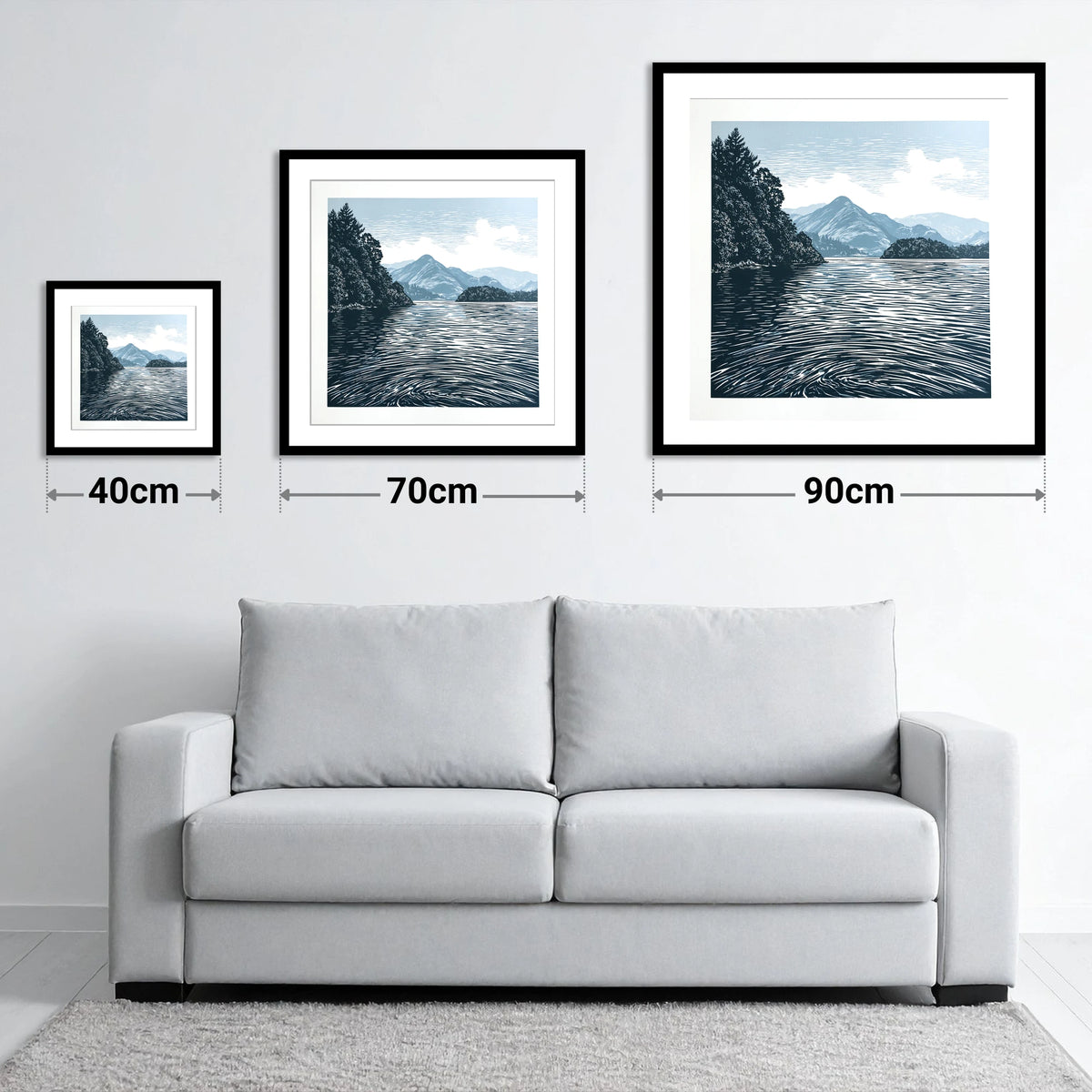 Derwentwater in Slate and Navy - size guide showing 40cm, 70cm and 90cm art prints