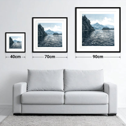 Derwentwater in Slate and Navy - size guide showing 40cm, 70cm and 90cm art prints