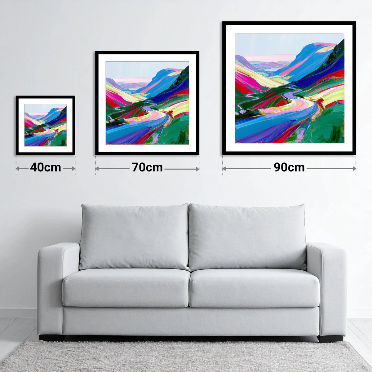 Vivid Sweeping Mountain Pass - size guide showing 40cm, 70cm and 90cm art prints