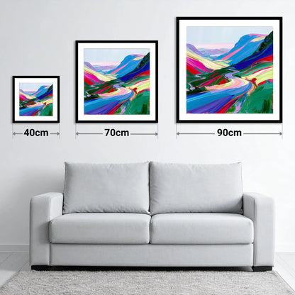Vivid Sweeping Mountain Pass - size guide showing 40cm, 70cm and 90cm art prints