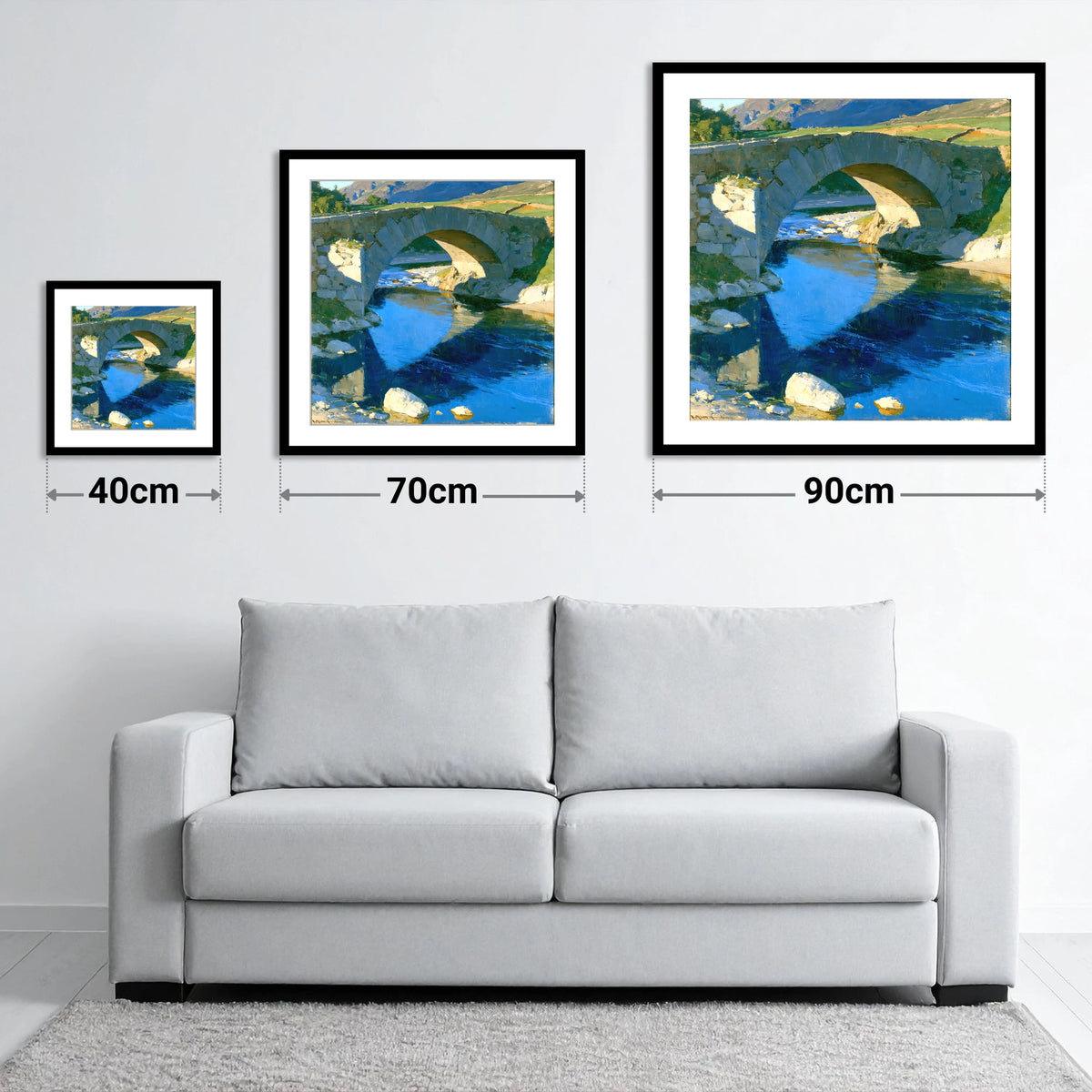 Stone Bridge over Blue Beck - size guide showing 40cm, 70cm and 90cm art prints
