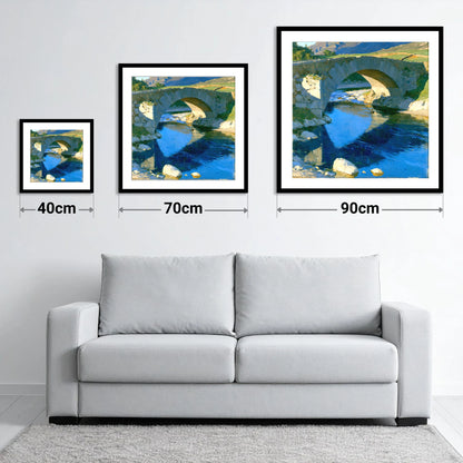 Stone Bridge over Blue Beck - size guide showing 40cm, 70cm and 90cm art prints