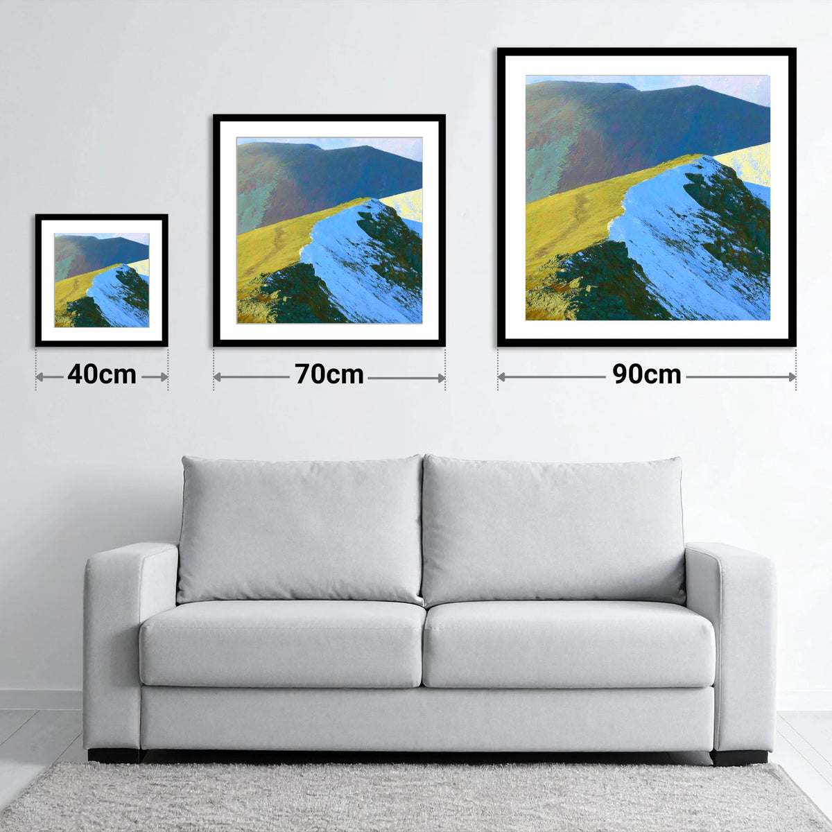 Snowy Ridge at Scar Crags - size guide showing 40cm, 70cm and 90cm art prints