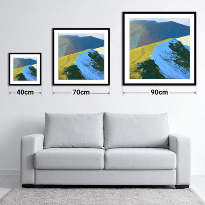 Snowy Ridge at Scar Crags - size guide showing 40cm, 70cm and 90cm art prints