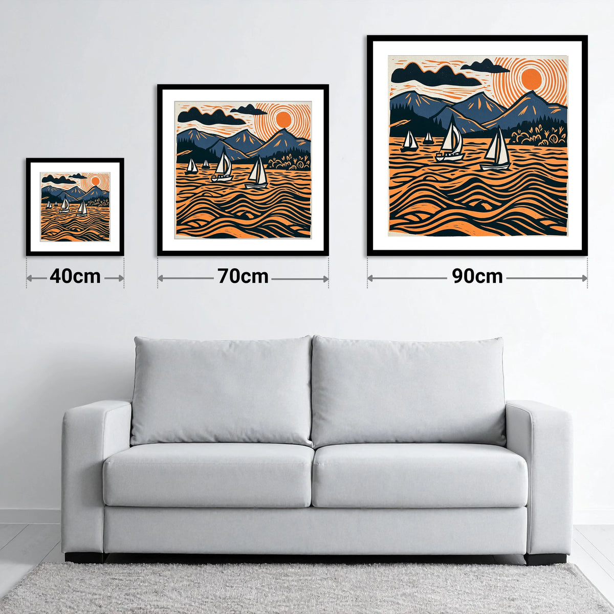 Derwentwater Sailboats Under Radiating Sun - size guide showing 40cm, 70cm and 90cm art prints