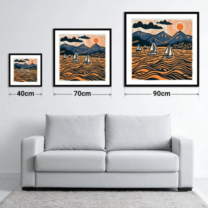 Derwentwater Sailboats Under Radiating Sun - size guide showing 40cm, 70cm and 90cm art prints