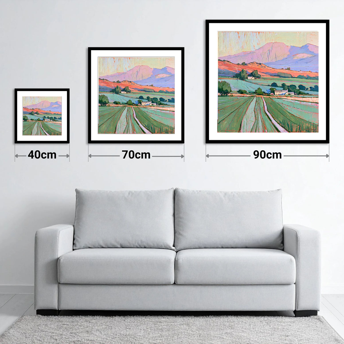 Golden Evening Fells and Farmland - size guide showing 40cm, 70cm and 90cm art prints