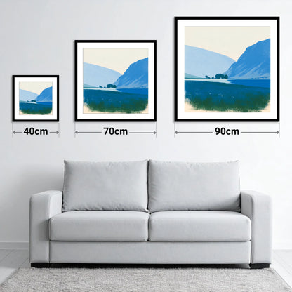 Blue Fells and Still Lake - size guide showing 40cm, 70cm and 90cm art prints