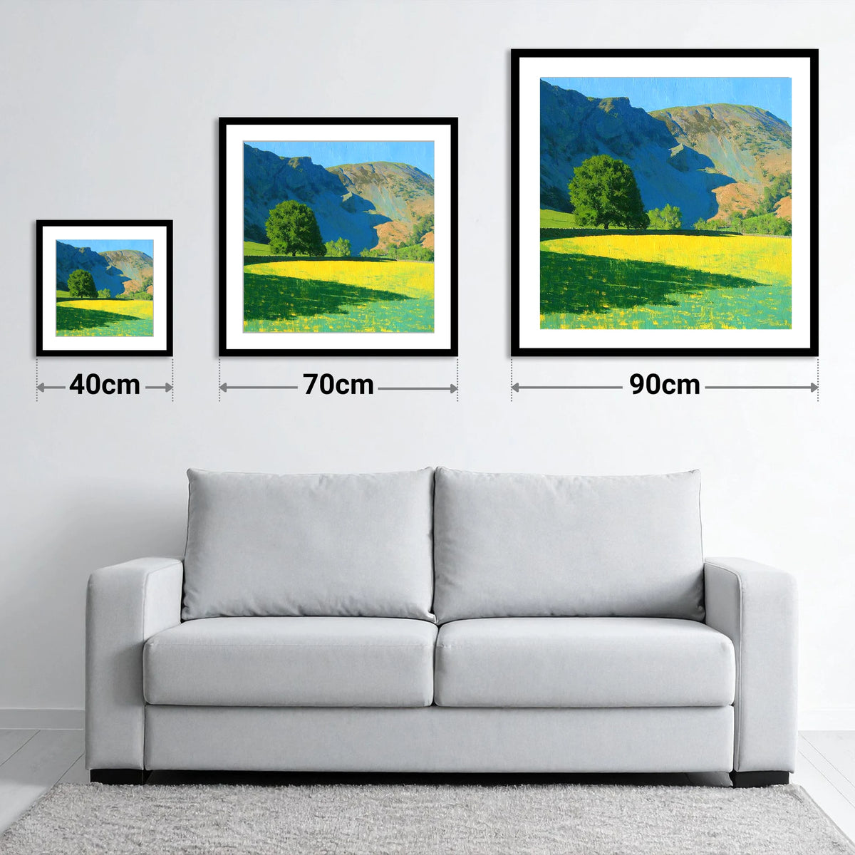 Sunlit Meadow Beneath Sheffield Pike - size guide showing 40cm, 70cm and 90cm art prints