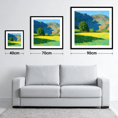 Sunlit Meadow Beneath Sheffield Pike - size guide showing 40cm, 70cm and 90cm art prints
