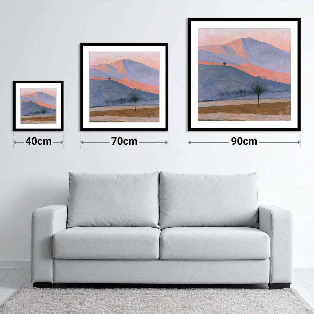 Golden Evening Light on Fells - size guide showing 40cm, 70cm and 90cm art prints