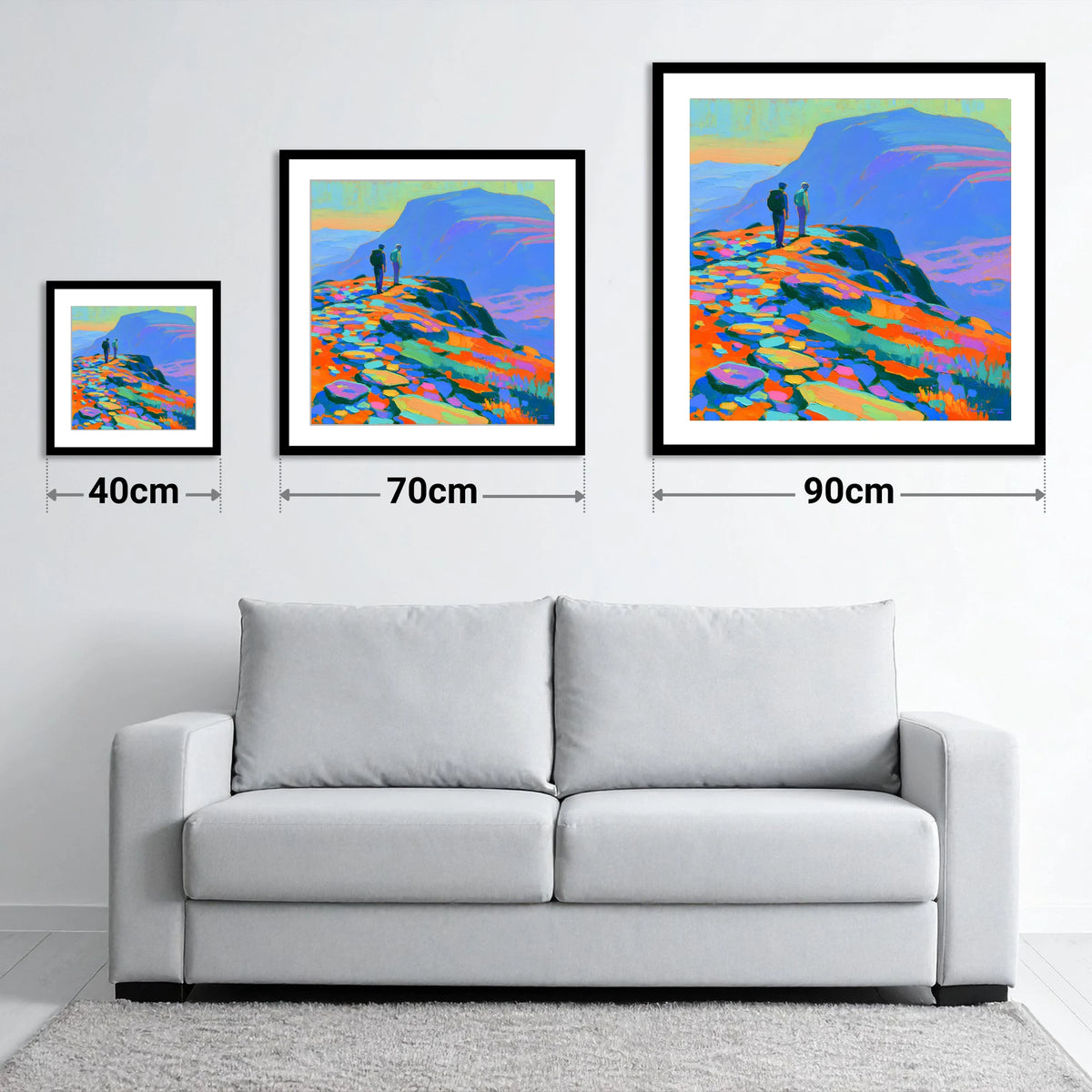 Colourful Fell Top Hikers - size guide showing 40cm, 70cm and 90cm art prints