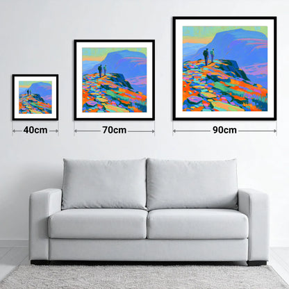 Colourful Fell Top Hikers - size guide showing 40cm, 70cm and 90cm art prints