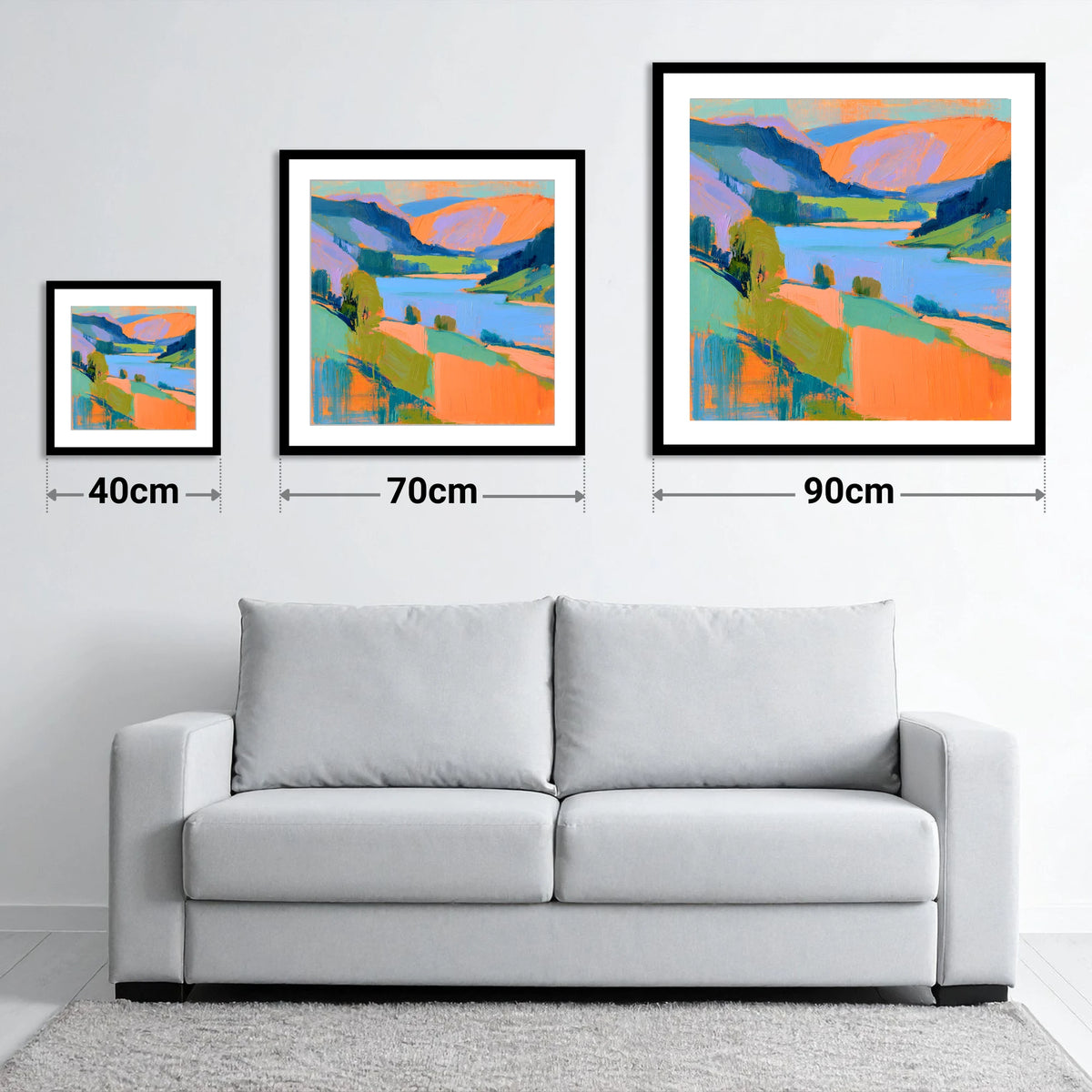 Vivid Orange Fells and Lake - size guide showing 40cm, 70cm and 90cm art prints