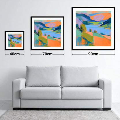 Vivid Orange Fells and Lake - size guide showing 40cm, 70cm and 90cm art prints