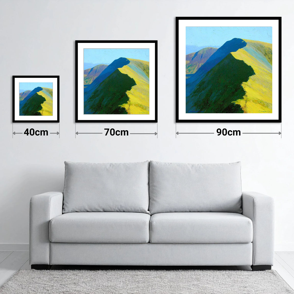Whiteless Pike Sunlit Steep Ridge - size guide showing 40cm, 70cm and 90cm art prints