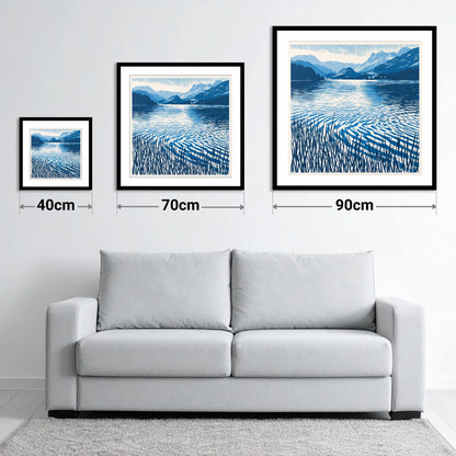 Cobalt Dawn Over the Lake - size guide showing 40cm, 70cm and 90cm art prints