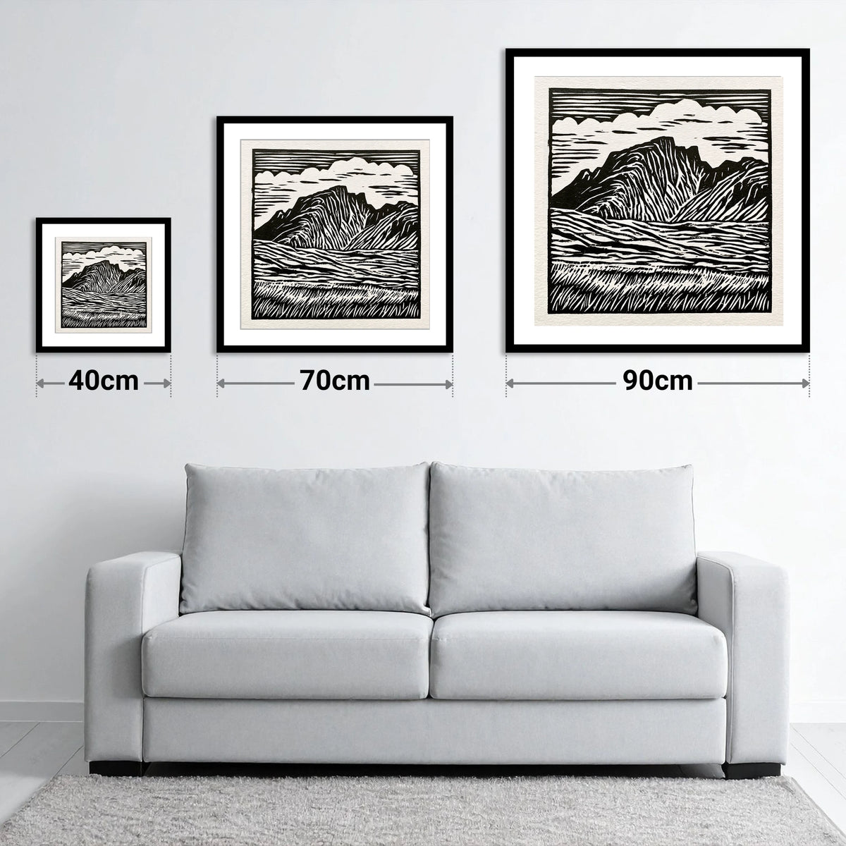 Scafell Pike in Bold Monochrome - size guide showing 40cm, 70cm and 90cm art prints