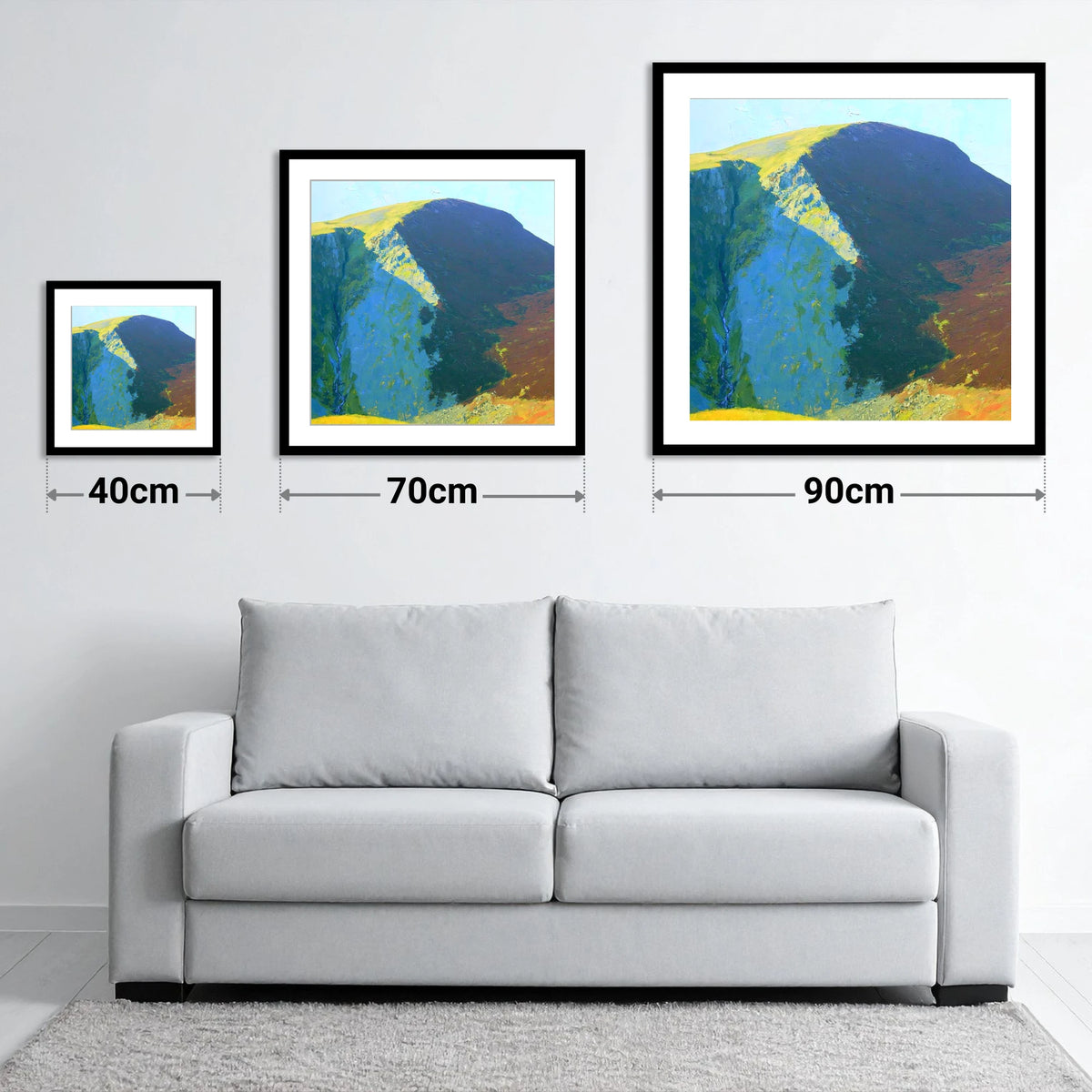 Starling Dodd in Vibrant Sunlight - size guide showing 40cm, 70cm and 90cm art prints