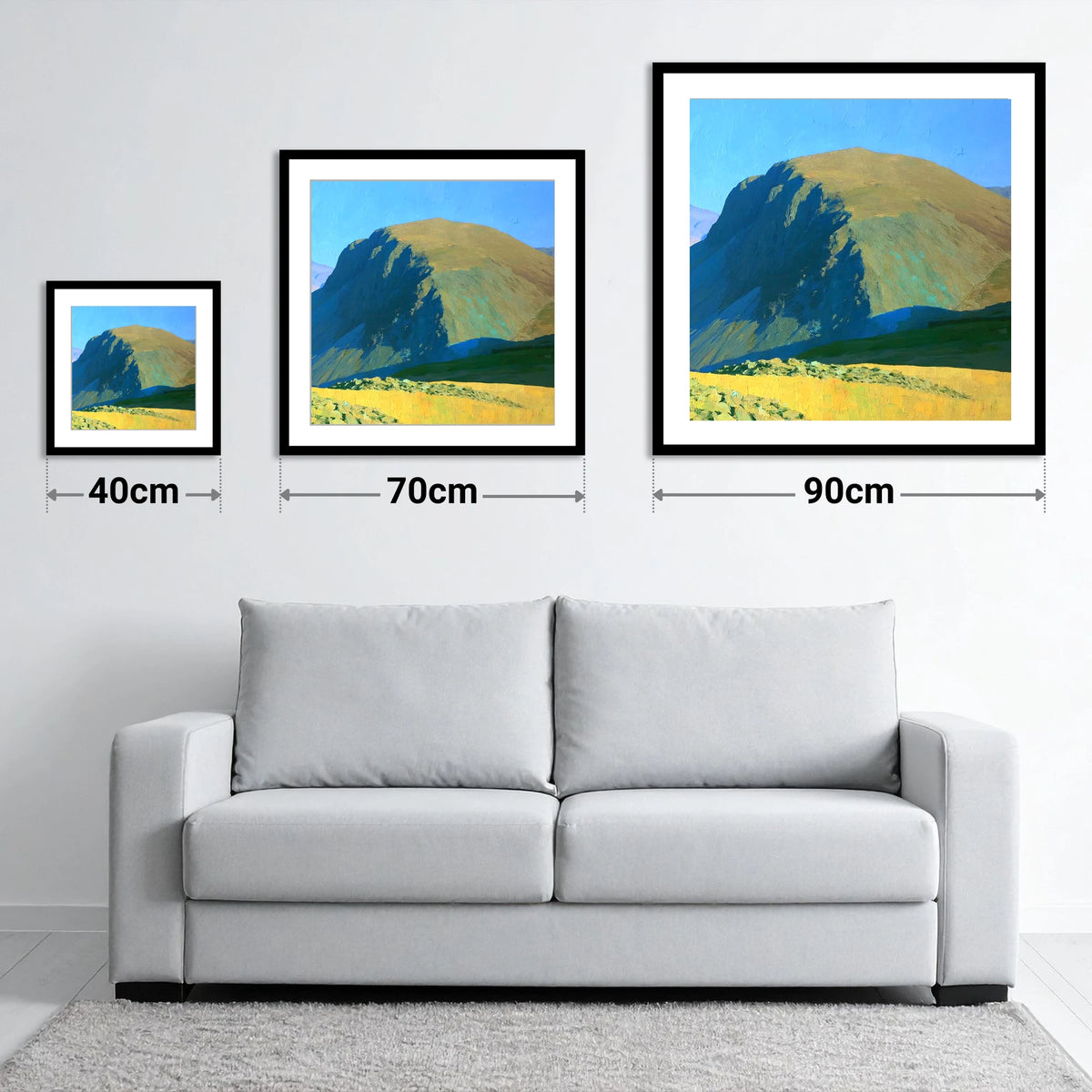 Sunlit Seatallan Dome and Crags - size guide showing 40cm, 70cm and 90cm art prints