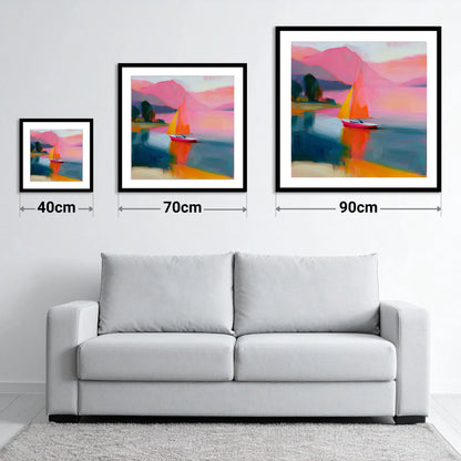 Vibrant Sailboat Beneath Pink Fells - size guide showing 40cm, 70cm and 90cm art prints