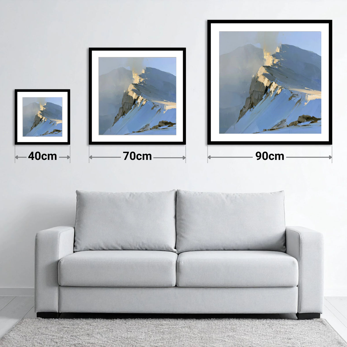 Misty Ridge in Golden Light - size guide showing 40cm, 70cm and 90cm art prints