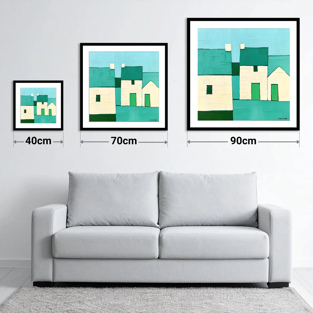 Modern Slate Roofed Cottages - size guide showing 40cm, 70cm and 90cm art prints