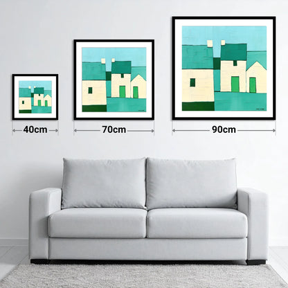 Modern Slate Roofed Cottages - size guide showing 40cm, 70cm and 90cm art prints