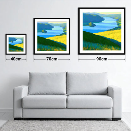 Bold Yellow Fells Above Ullswater - size guide showing 40cm, 70cm and 90cm art prints