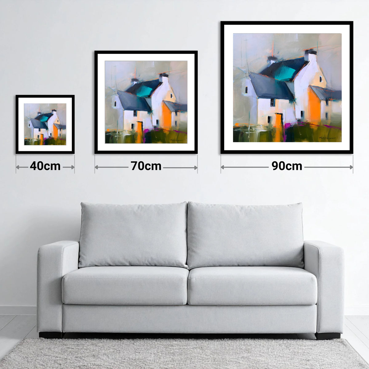 Abstract Lakeland Slate Cottages - size guide showing 40cm, 70cm and 90cm art prints