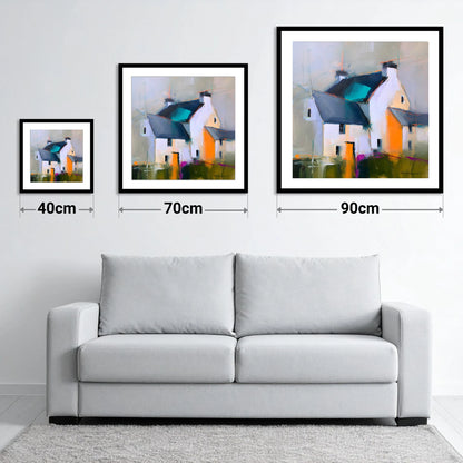 Abstract Lakeland Slate Cottages - size guide showing 40cm, 70cm and 90cm art prints