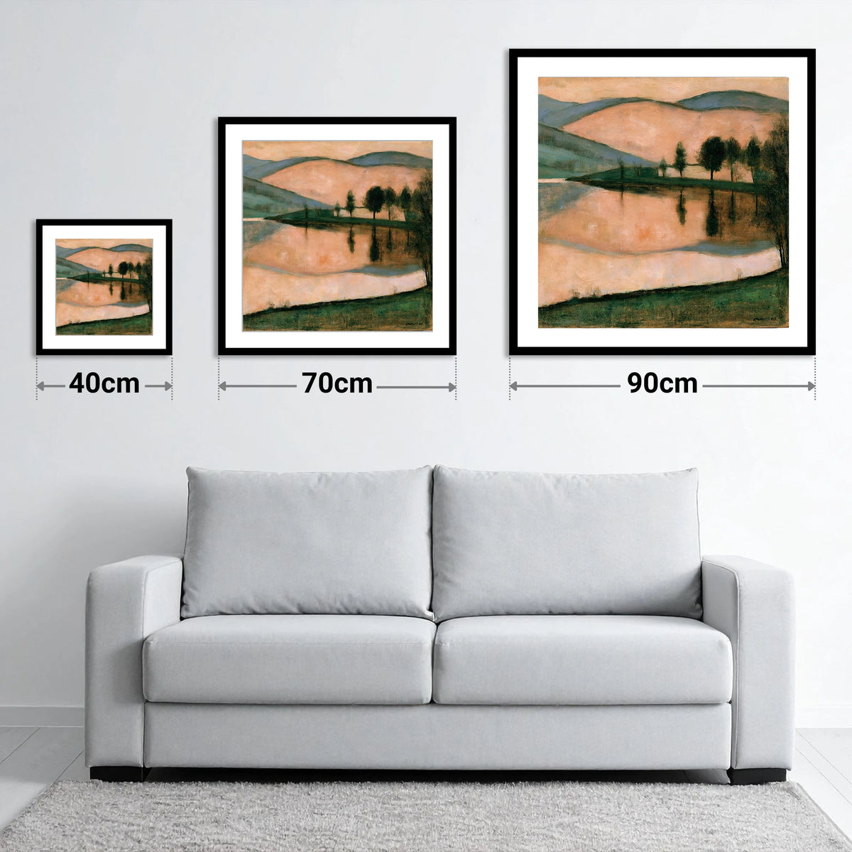 Terracotta Dawn Over Still Lake - size guide showing 40cm, 70cm and 90cm art prints