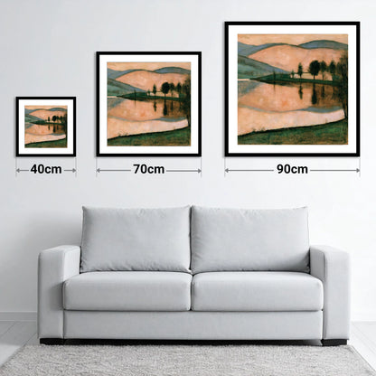 Terracotta Dawn Over Still Lake - size guide showing 40cm, 70cm and 90cm art prints