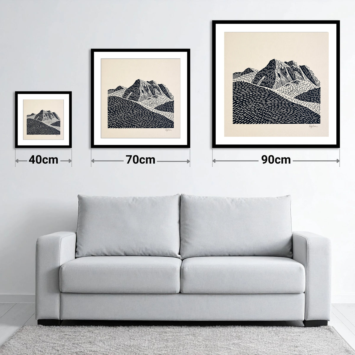 Bold Monochrome Bowfell Peaks - size guide showing 40cm, 70cm and 90cm art prints