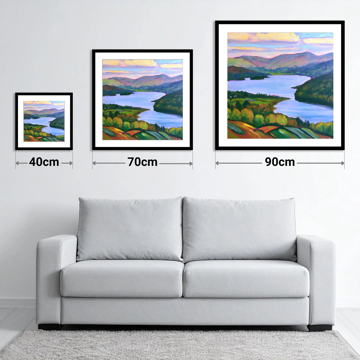 Vibrant Sunset Above Ambleside - size guide showing 40cm, 70cm and 90cm art prints