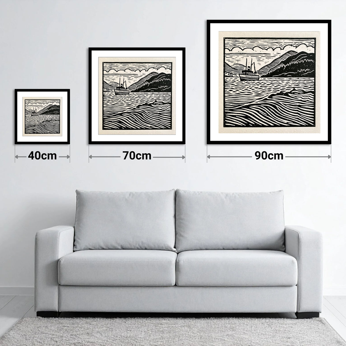 Monochrome Steamer on Ullswater - size guide showing 40cm, 70cm and 90cm art prints