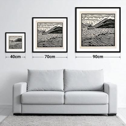 Monochrome Steamer on Ullswater - size guide showing 40cm, 70cm and 90cm art prints